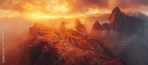 A breathtaking panorama unfolds as the sun sets over Machu Picchu, the historic Incan citadel, atop the Andes mountain ridge in Peru photo