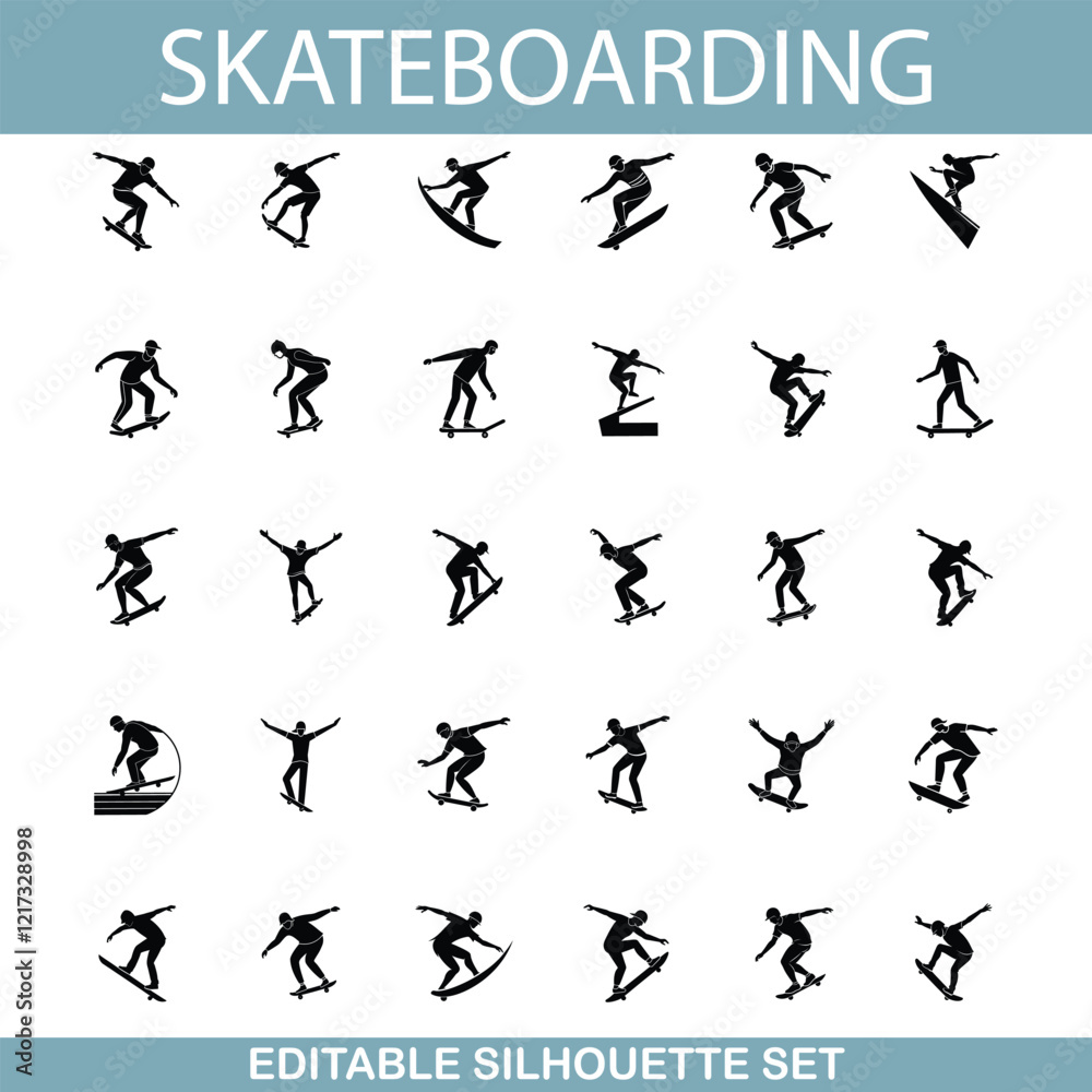 Skateboarding Silhouettes Editable Vector Set of Tricks and Styles Skateboarding Silhouettes Editable Vector Set of Tricks and Styles