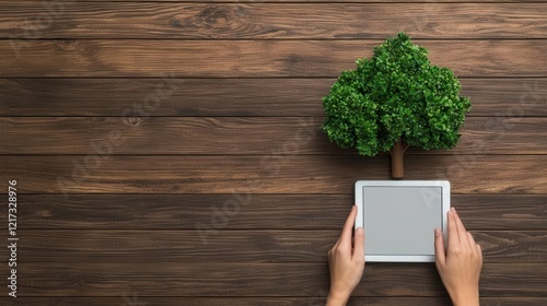 Hands using a tablet with graphs showing green ecoinvestments, Sustainable finance, green economy, investment photo