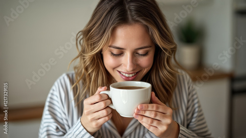 A pretty woman in pajamas having her morning coffee. She is smiling. Holding her coffee cup. Long brown hair. Morning caffeine fix.