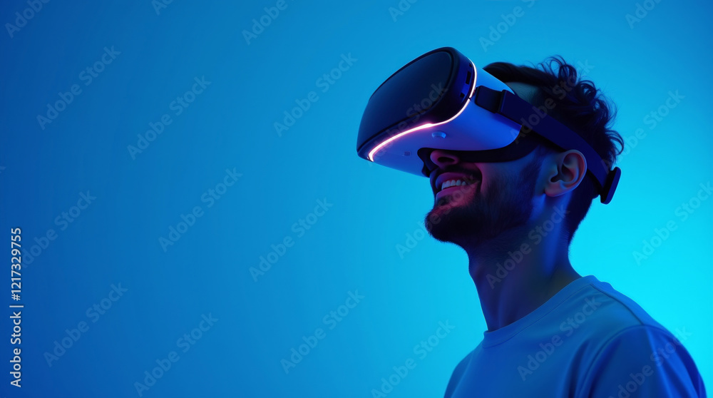 Man in VR glasses exploring digital worlds in a vivid blue futuristic design. Man in VR glasses exploring digital worlds in a vivid blue futuristic design.