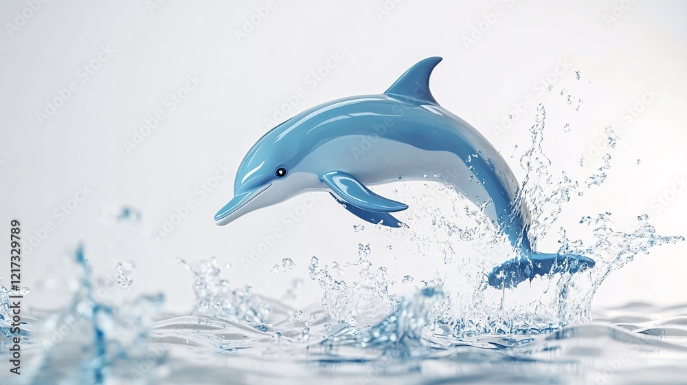 Obraz premium A playful blue dolphin leaps out of the water, creating a splash of droplets in a bright, serene setting.