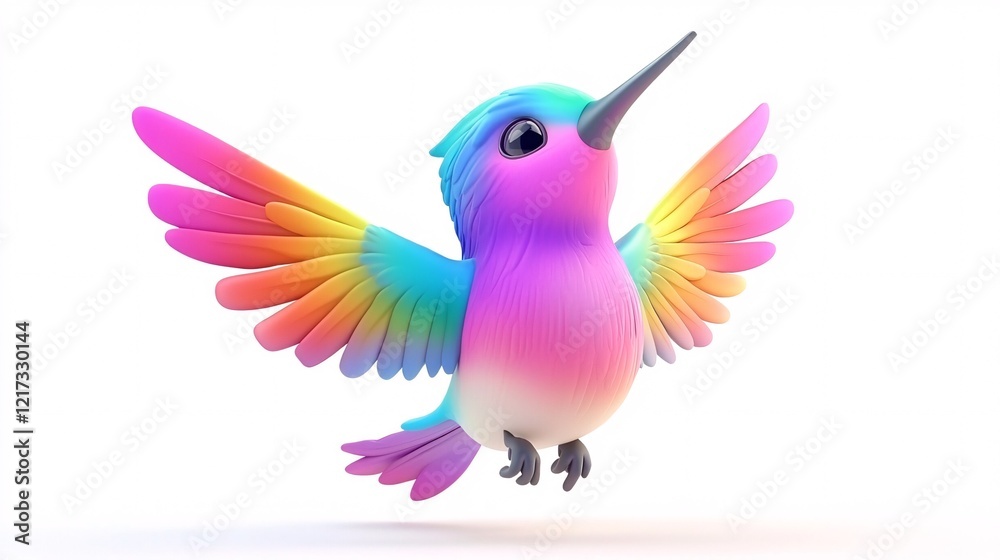 Obraz premium A vibrant, cartoon-style hummingbird with multi-colored feathers in shades of pink, blue, and yellow, mid-flight against a white background.