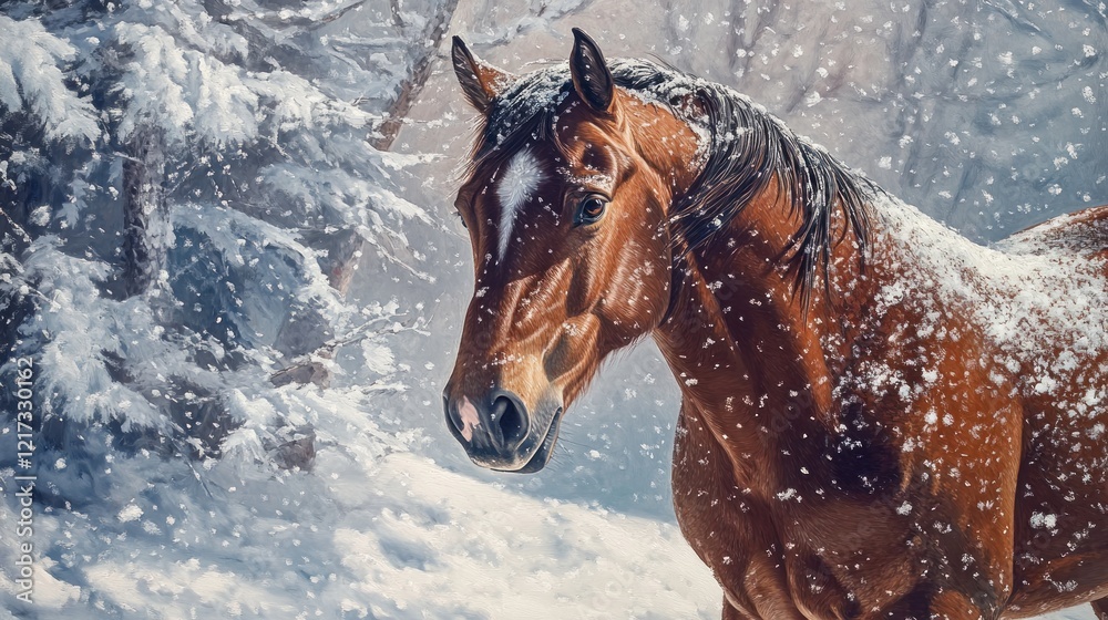 Obraz premium Chestnut horse in snowy forest, winter scene
