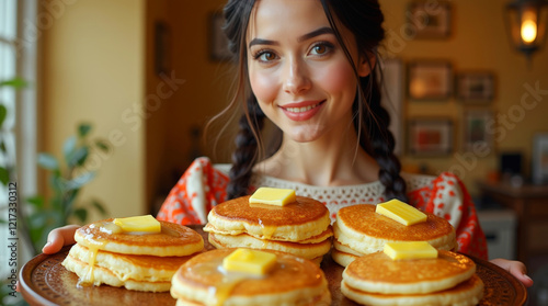 Russian Maslenitsa celebration with a woman in folk costume holding oiled pancakes.