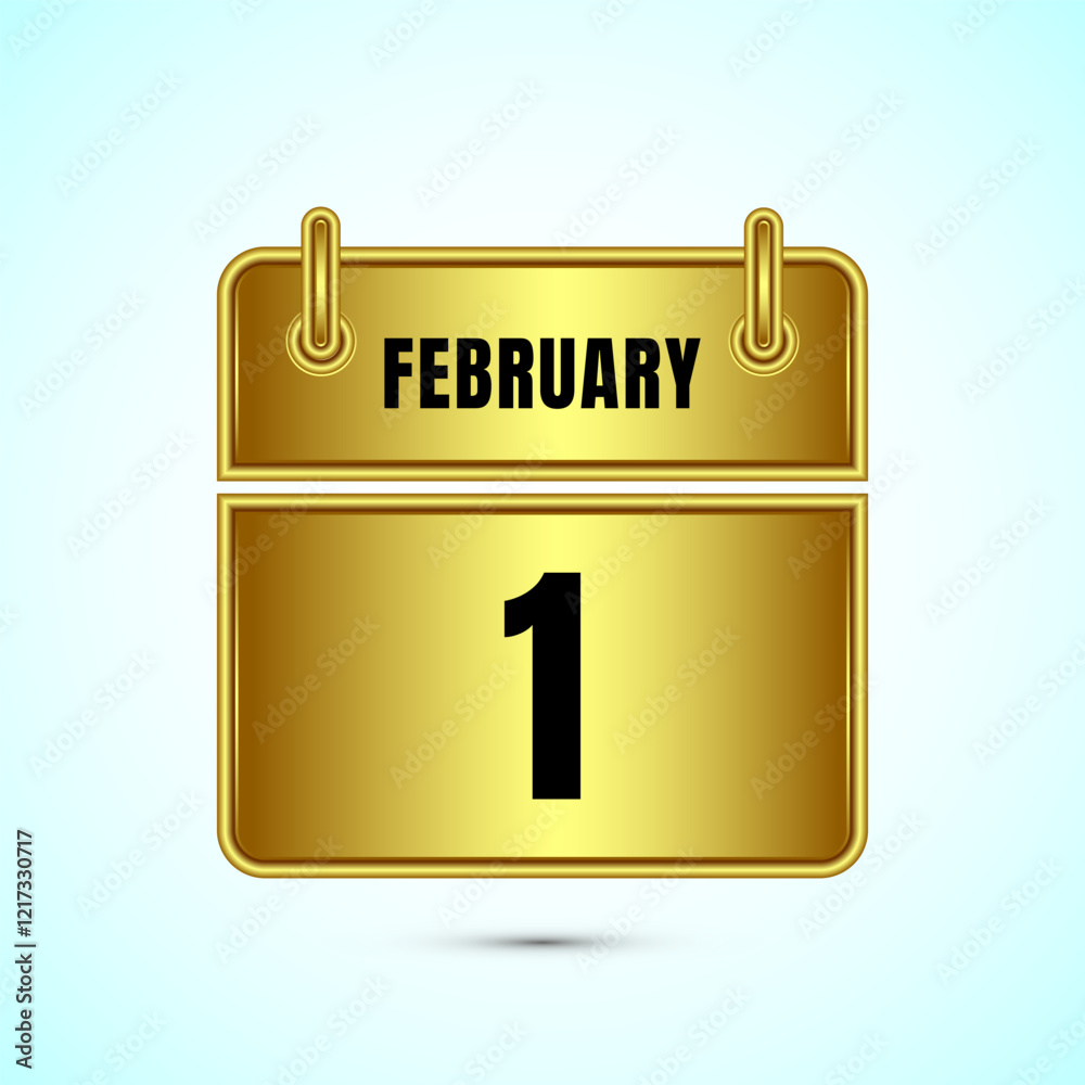 February 1 calendar and time planner on gold background. Daily calendar icon, schedule symbol