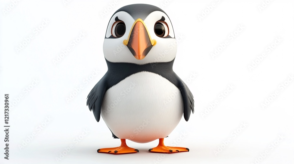 Obraz premium Cute animated puffin character with big eyes and an expressive face, standing against a clean white background.