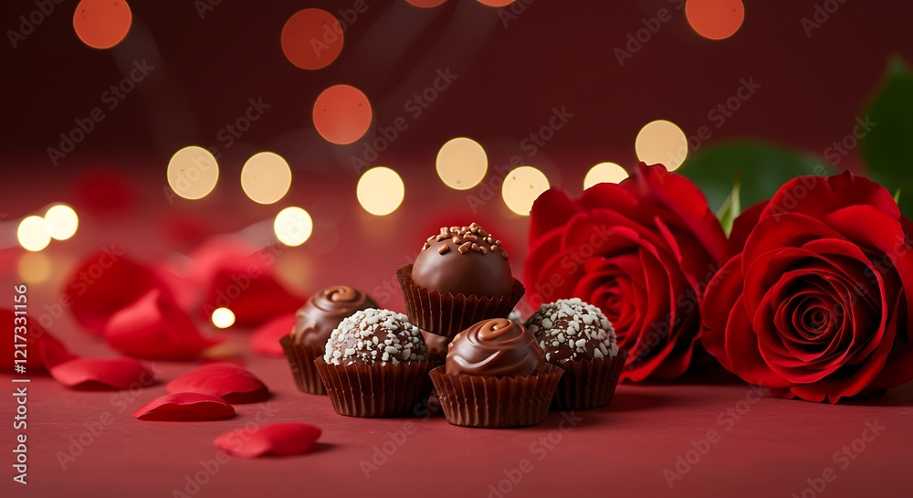 Elegant Chocolate Truffles and Red Roses with Soft Lighting Elegant Chocolate Truffles and Red Roses with Soft Lighting