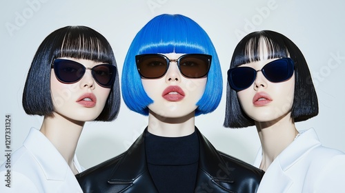 portrait of three futuristic women with dyed hairstyle 