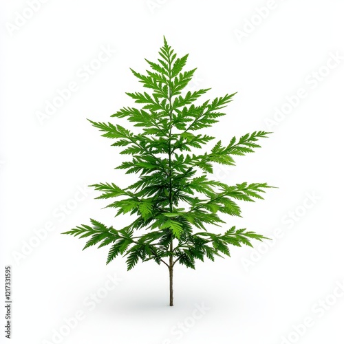 Cannabis plant with green leaves alongside eastern hemlock tree needles on a white background