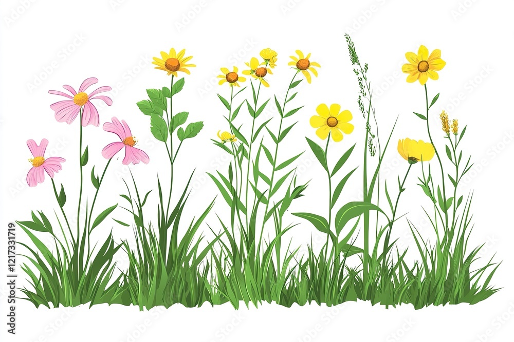 Fototapeta premium Fresh green grass and spring flower- floral frame, pattern. Watercolor hand drawn painting illustration isolated on a white background.