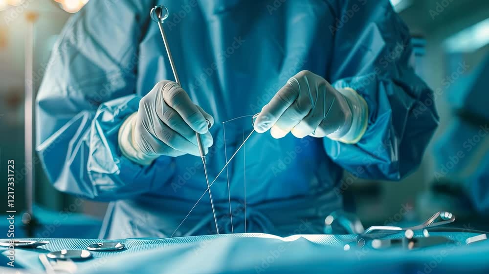 Surgical procedure with a gloved hand performing an operation in a sterile environment.
Surgical procedure with a gloved hand performing an operation in a sterile environment.