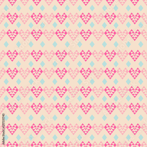Delicate geometric pattern featuring whimsical heart shapes crafted from triangular elements in soft magenta, set against a warm cream background with scattered turquoise diamond accents. So romantic!