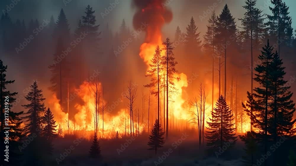 Intense Wildfire Burning Through a Coniferous Forest at Night Intense Wildfire Burning Through a Coniferous Forest at Night
