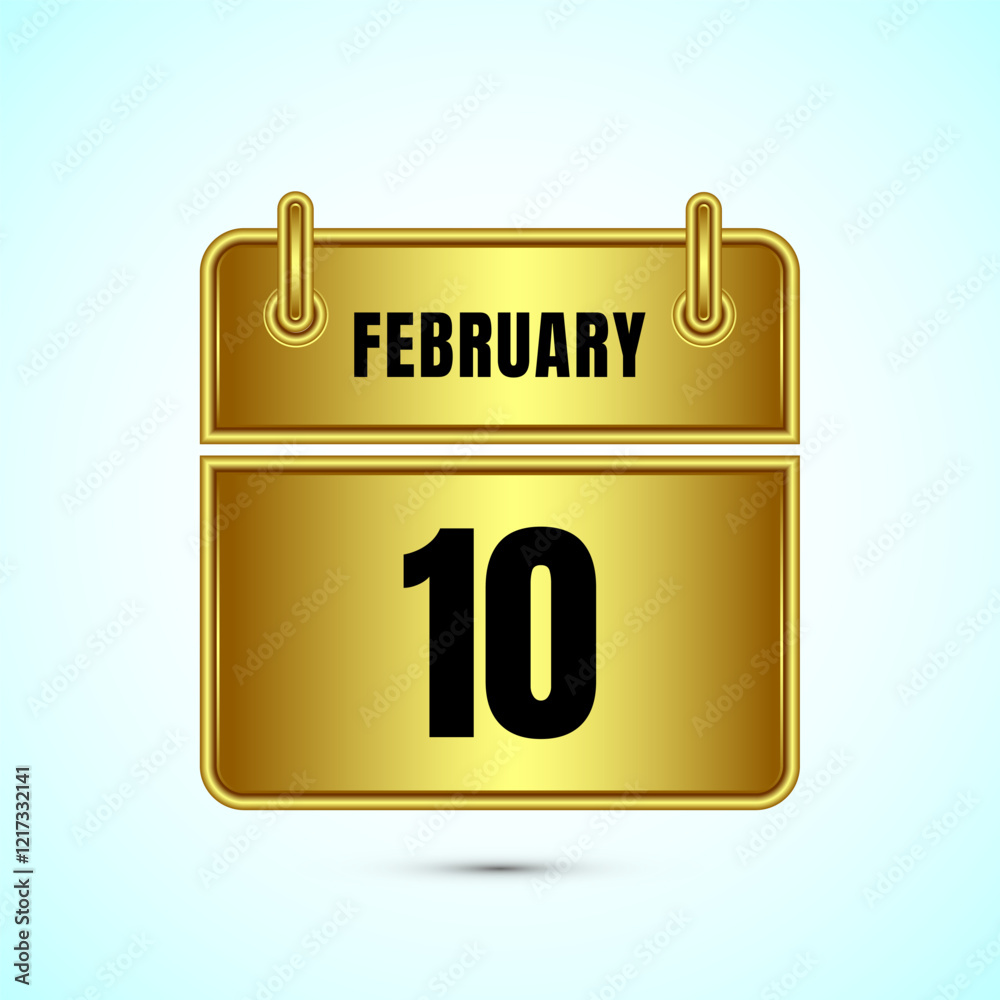 February 10 calendar and time planner on gold background. Daily calendar icon, schedule symbol