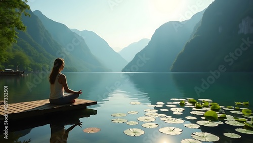 A peaceful scene featuring a person meditating by a pristine lake surrounded by lush green mountains