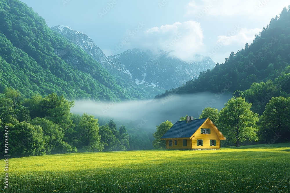 Verdant meadows and a rustic hayloft frame the majestic Grosser Rettenstein Mountain towering in the background. On a sunny morning, a weather inversion cloaks the valley Verdant meadows and a rustic hayloft frame the majestic Grosser Rettenstein Mountain towering in the background. On a sunny morning, a weather inversion cloaks the valley