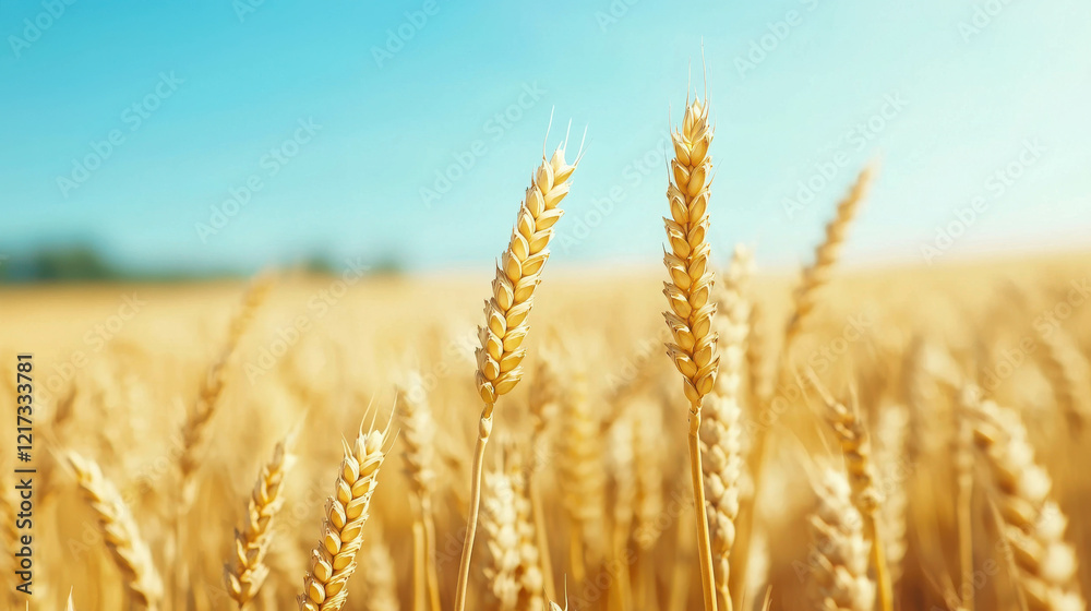 Peaceful Golden Wheat Fields Under a Clear Blue Sky in a Serene Landscape View Peaceful Golden Wheat Fields Under a Clear Blue Sky in a Serene Landscape View