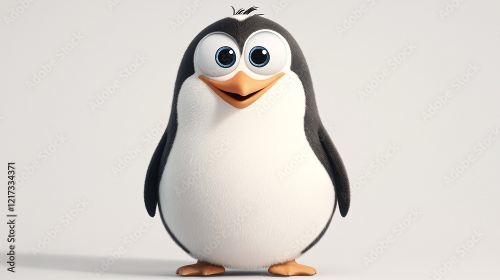Fototapeta premium A cheerful cartoon penguin with big expressive eyes, standing upright against a clean, white background.