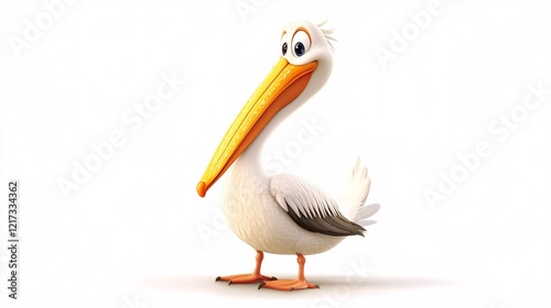 A cheerful cartoon pelican with a large orange bill, standing confidently against a clean white background.
