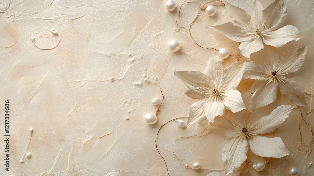 Elegant White Flowers and Pearls on Soft Creamy Textured Background Elegant White Flowers and Pearls on Soft Creamy Textured Background