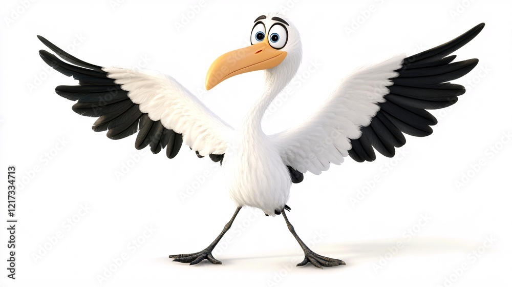 A cheerful animated stork with large wings spread wide, showcasing its vibrant feathers and expressive eyes. A cheerful animated stork with large wings spread wide, showcasing its vibrant feathers and expressive eyes.