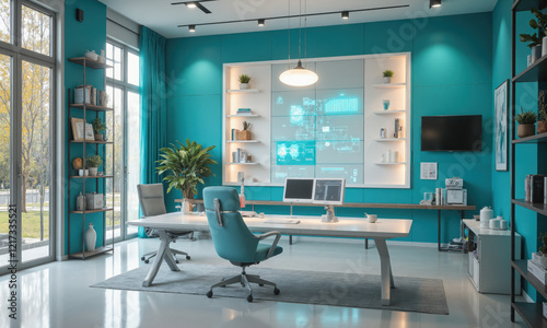 AI-powered home office in bright turquoise, featuring smart desks that automatically adjust based on work preferences, and interactive wall panels photo