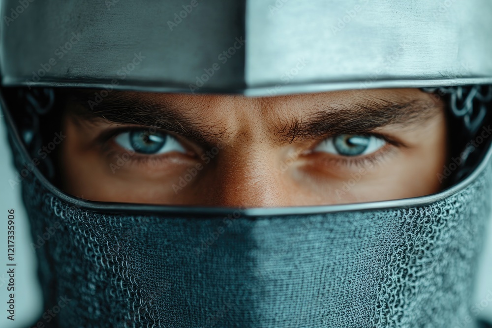 detailed close-up of knight visor partially raised to reveal piercing eyes beneath shadowed steel with copy space