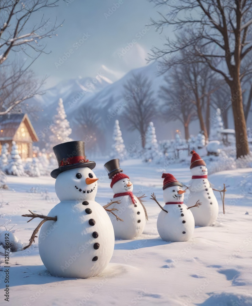 Obraz premium Group of snowmen in a festive winter landscape , cold, snowman, peaceful