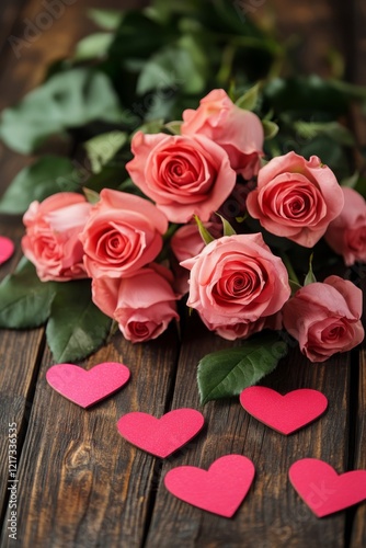 Bouquet of Pink Roses on Wooden Background, Generative AI,