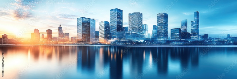 Fototapeta premium Graphic layouts showcasing modern city skyline with reflective water at sunset