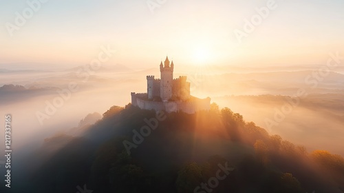 grand medieval castle atop hill surrounded by misty forests warm sunrise light hitting its stone walls copy space