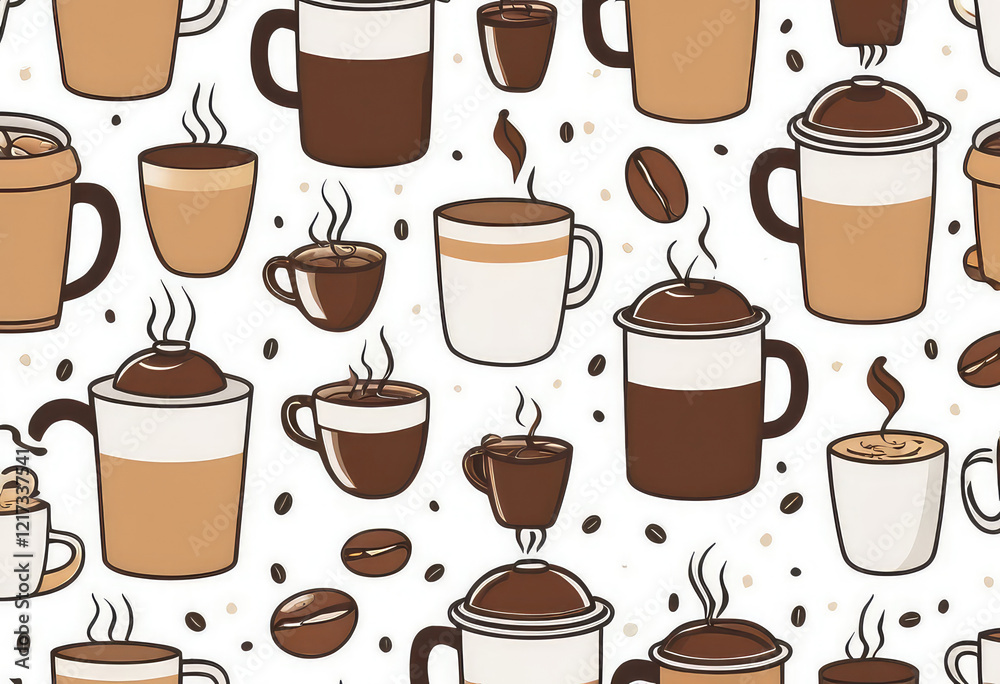 Fototapeta premium Contemporary Coffee Pattern Featuring Various Cup Designs and Brews on Light Background with Coffee Beans - Modern and Inviting Illustration