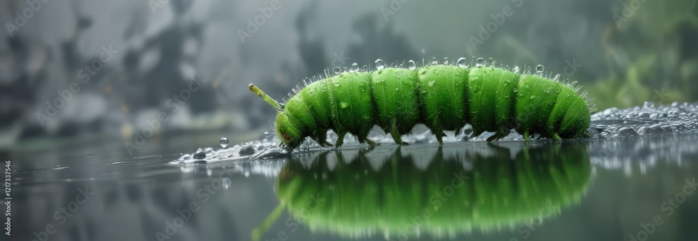 Green caterpillar on a mirror with droplets of water, green caterpillar, water droplets, still life