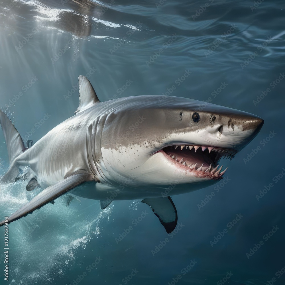Naklejka premium Great white shark with a strong and muscular body in the water, aggressive, ocean