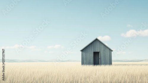Isolated wooden house standing in a vast golden field under a clear blue sky, serene landscape