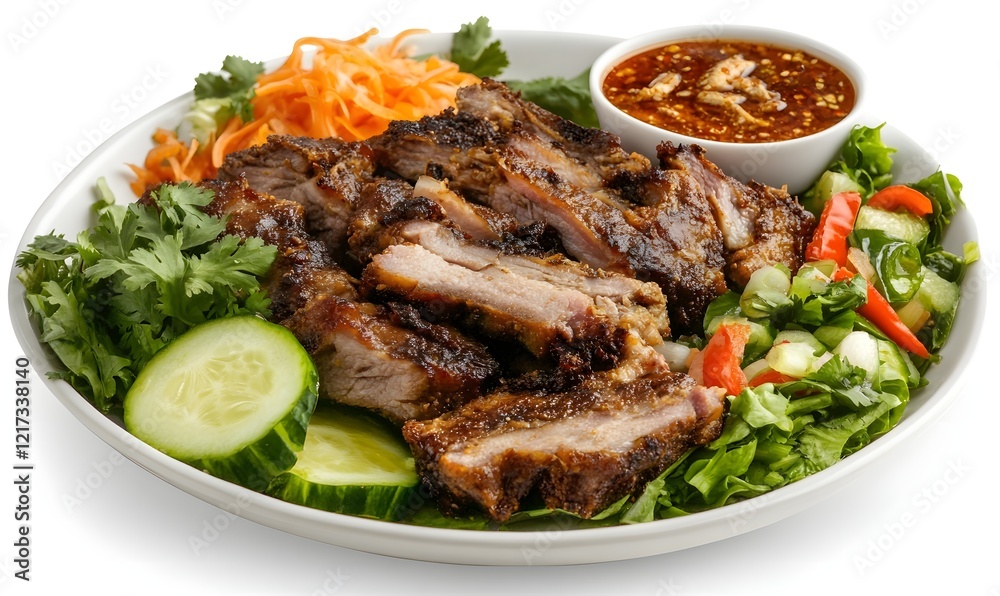 Grilled pork, salad, Asian sauce, studio shot, food menu Grilled pork, salad, Asian sauce, studio shot, food menu