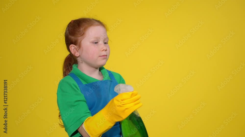 Child engages in cleaning activity with spray bottle against bright yellow background Child engages in cleaning activity with spray bottle against bright yellow background