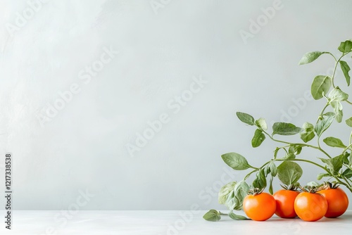 minimalistic flat-lay composition of perfectly arranged set of fresh ingredients on neutral solid background with ample photo