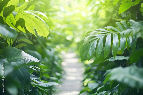 narrow footpath winds through green rainforest dappled sunlight highlighting exotic plants copy space