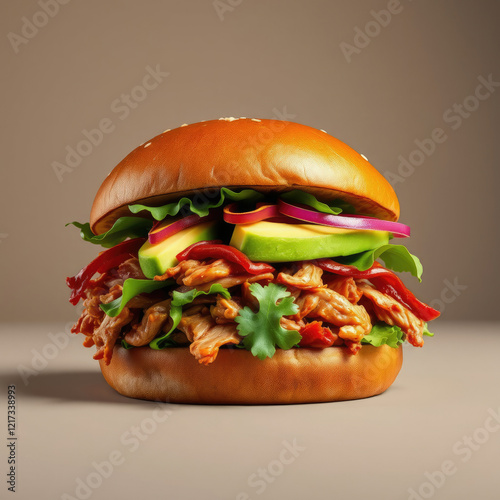 Gourmet pulled pork burger topped with avocado slices and arugula on a whole grain bun, upscale dining, paleo, artisanal toppings, bunless, health-conscious photo