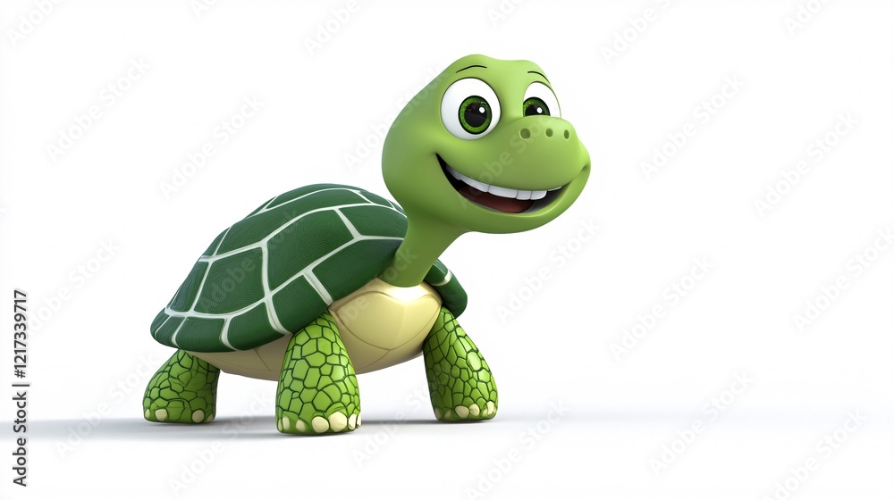Fototapeta premium A cheerful, cartoon-style turtle with big eyes and a friendly smile, set against a clean white background.