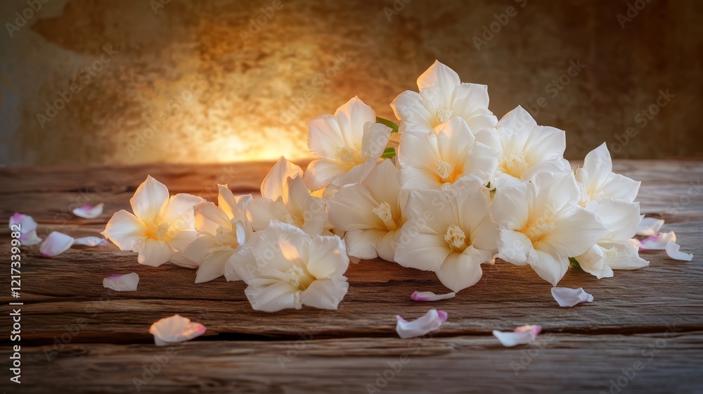 Fototapeta premium White flowers on wooden background