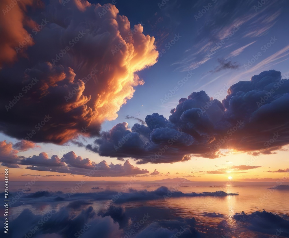 Golden hues of sunset blend with cobalt blue clouds, golden hour, weather phenomenon, nature scene Golden hues of sunset blend with cobalt blue clouds, golden hour, weather phenomenon, nature scene