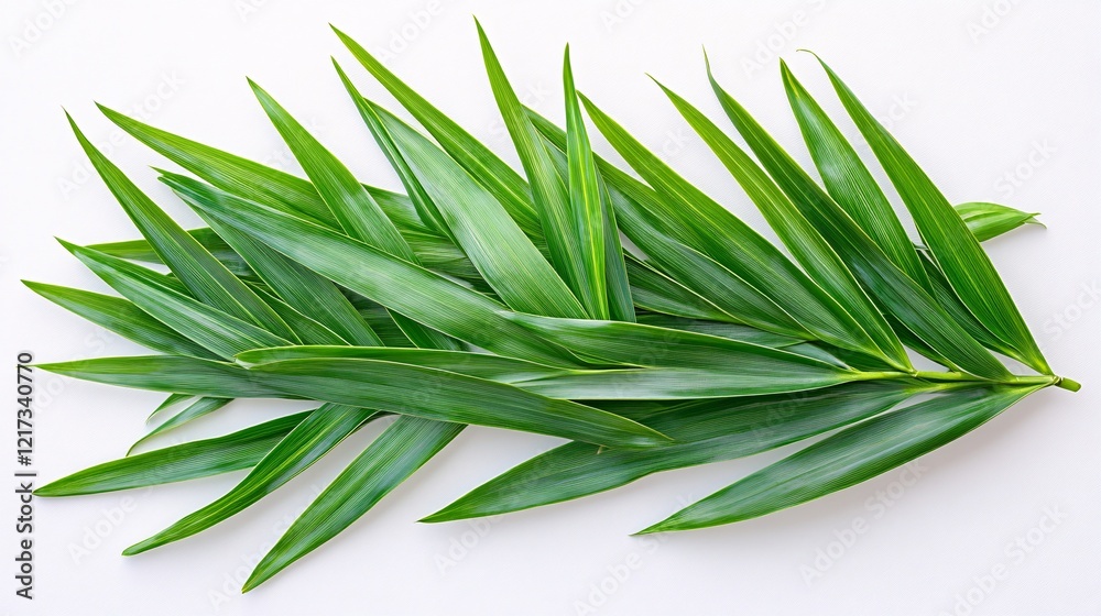 Fototapeta premium A vibrant arrangement of green bamboo leaves, showcasing their elongated shape and lush texture.