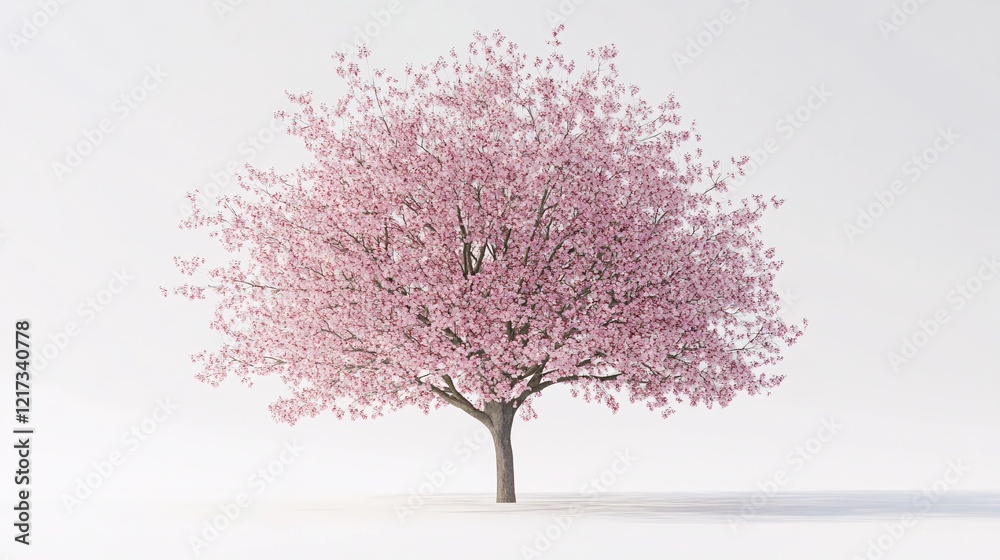 Obraz premium A vibrant cherry blossom tree in full bloom, showcasing delicate pink flowers against a soft white background.