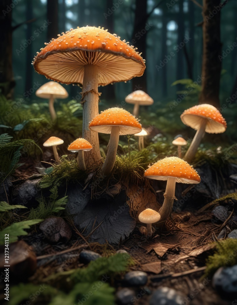 Fototapeta premium Glowing mushrooms grow in clusters on the forest floor, ambient light , soft illumination, woodland ecosystem