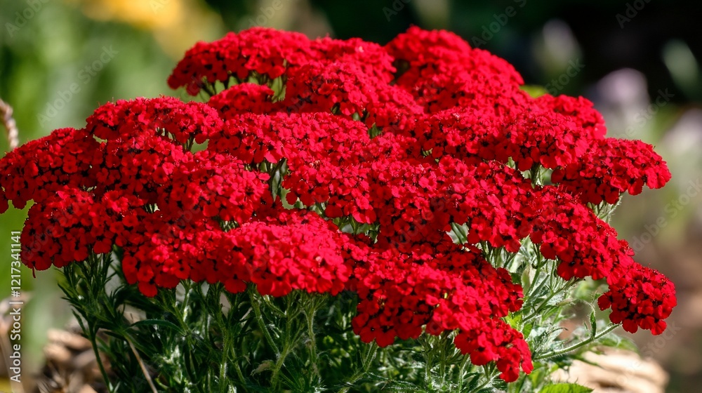 Red yarrow flowers bloom in garden; nature background Red yarrow flowers bloom in garden; nature background