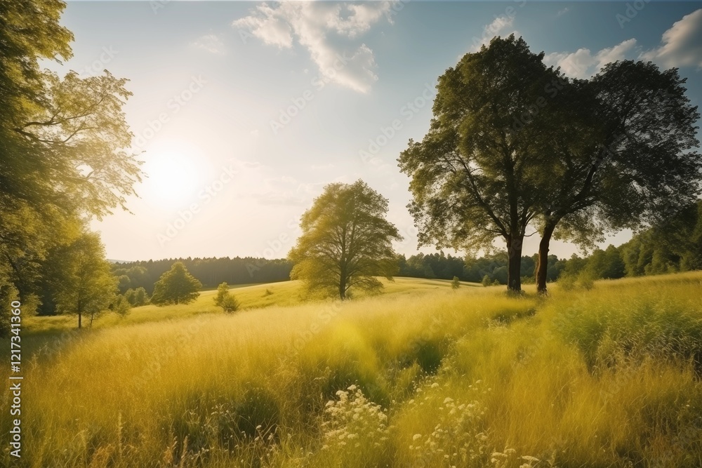 Fototapeta premium Peaceful countryside meadow with tall grass, trees, and soft sunlight under a bright blue sky