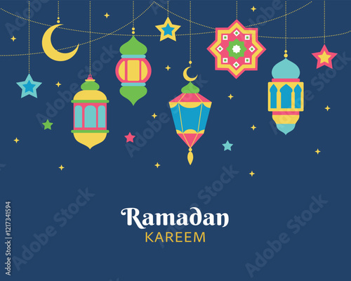 Arabic garland Ramadan Kareem hanging lanterns and moon Islamic illustration